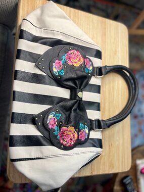 Betsey Johnson Striped Satchel Bag | Black White Bow Purse | Floral Embroidered